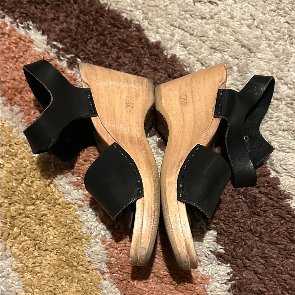 No. 6 Women's Wedge Wooden Clog Sandals - Black Leather Sz US 7 EU 37